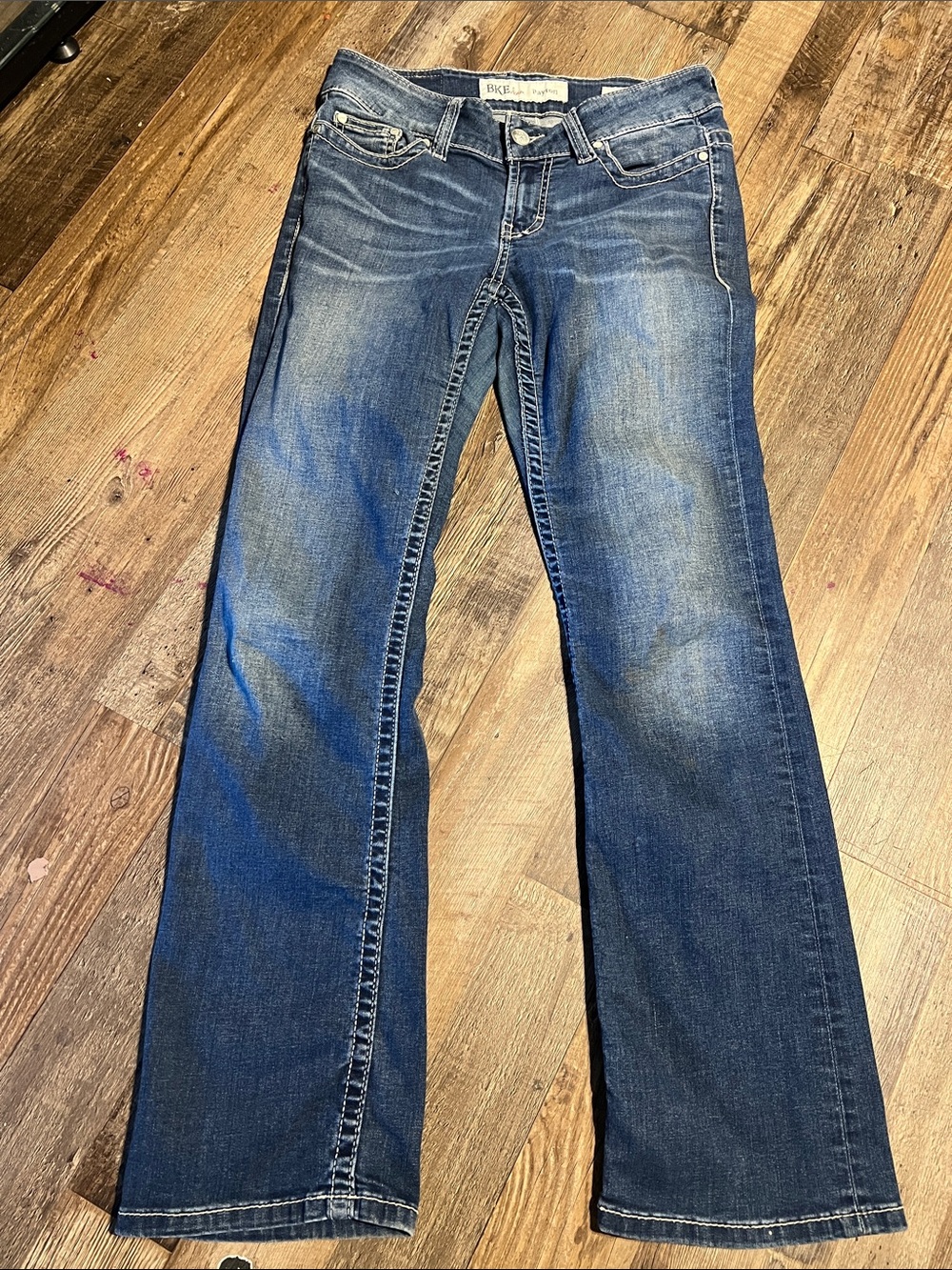BKE Denim in the Payton style with a faded wash and contrast white
stitching.